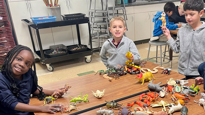 Students playing with toy animals